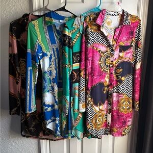 Set of 4-Chain Print Button-Up Tunic Dresses (Pink, Green, Blue, Black)